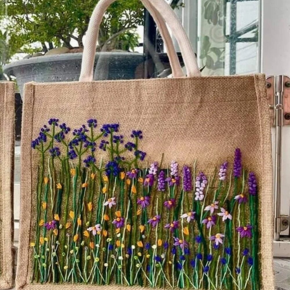 Floral Garden Embroidered Jute Bag